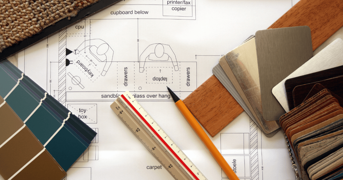 Home renovation floor plan with paint colour swatches and flooring material samples