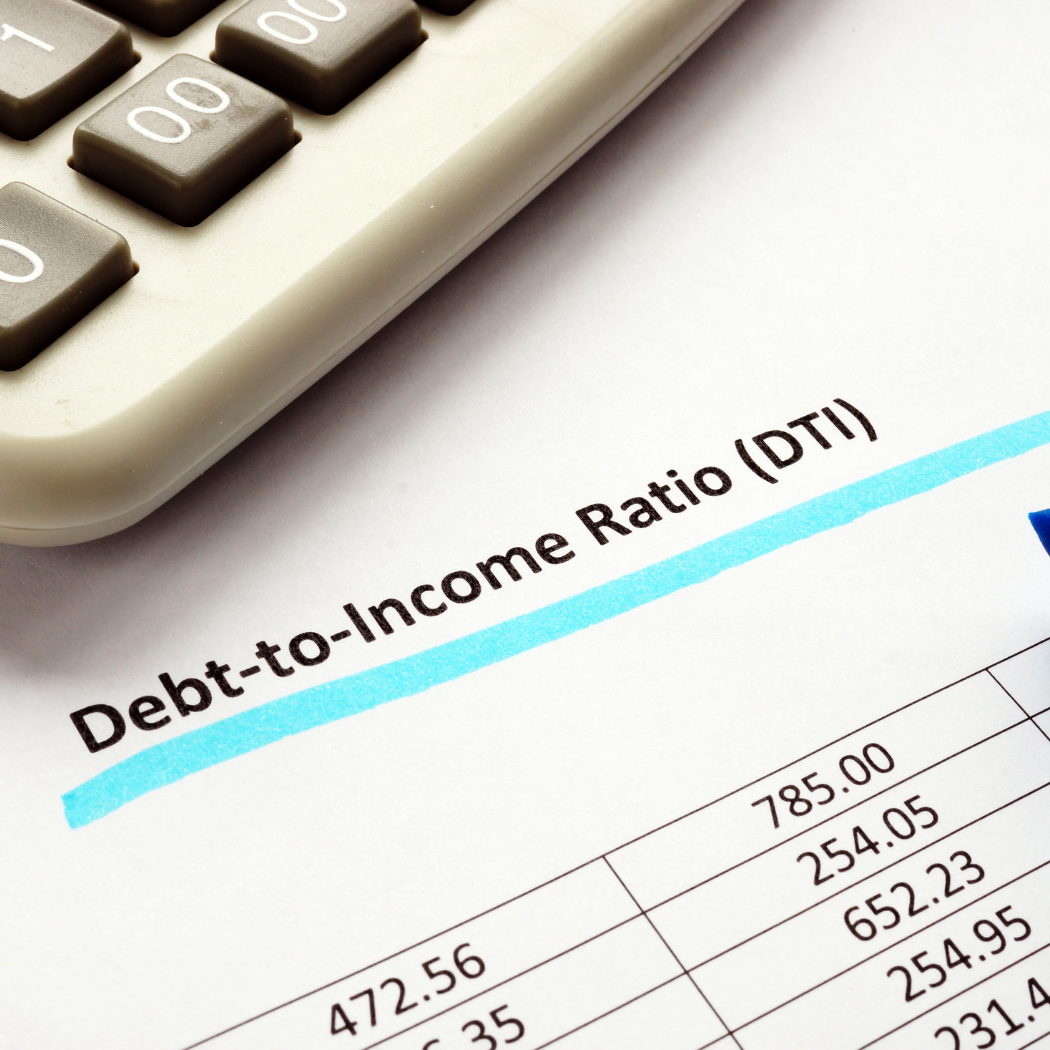 A debt-to-income ratio (DTI) document with financial figures highlighted in blue marker, with a calculator in the upper corner.