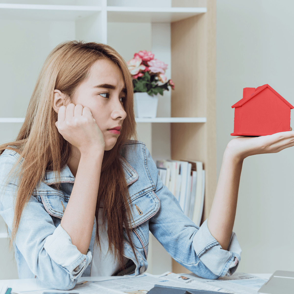 Young woman sitting at a desk looking skeptically at a small red house model, representing frustration with mortgage stress test qualification in Edmonton