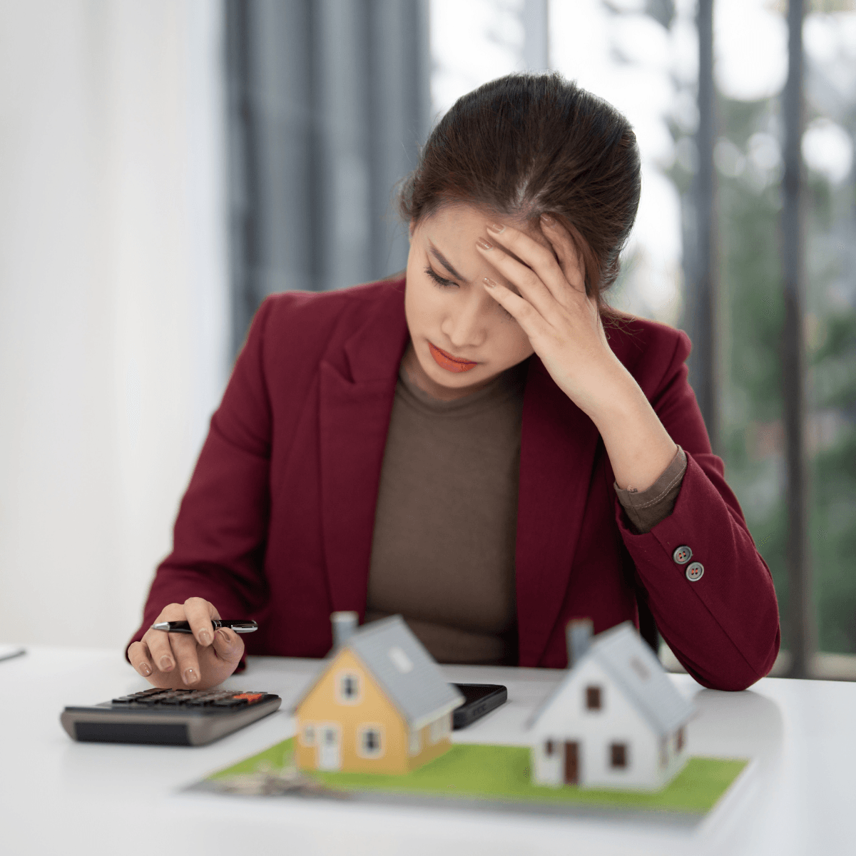 Woman in a red blazer holding her head in stress while working on mortgage calculations with a calculator and house models on her desk