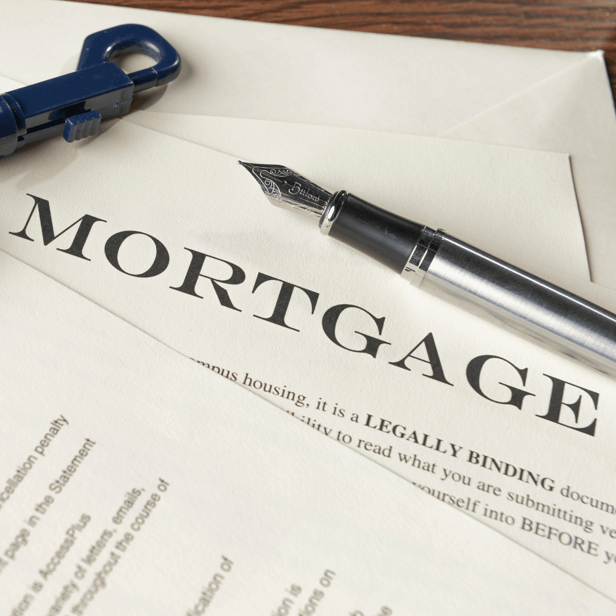 Mortgage agreement document with a fountain pen resting on top, highlighting legally binding lending terms for private mortgage borrowers in Alberta