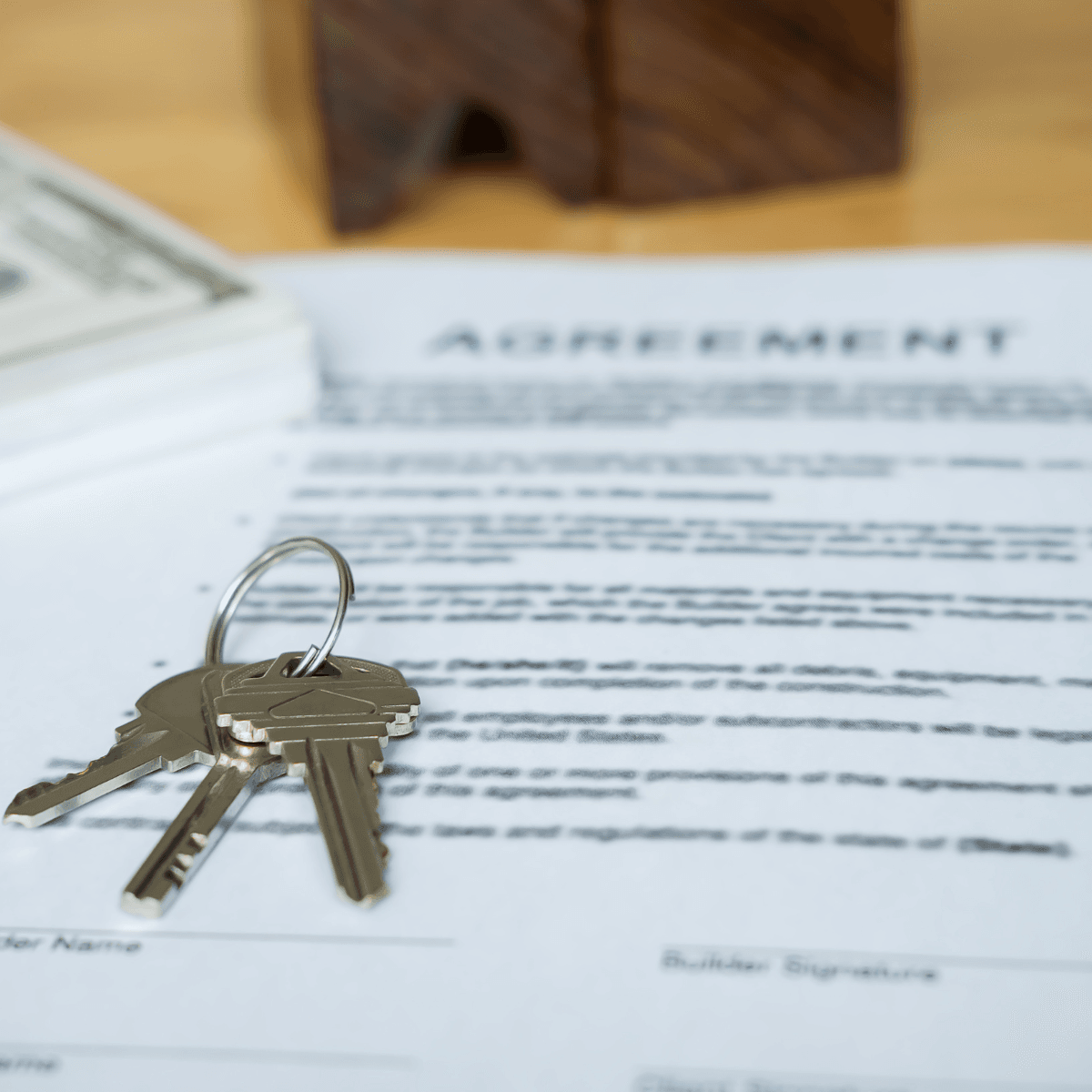 A set of house keys resting on a printed agreement document on a wooden desk, with stacks of cash and a small wooden house figurine in the background.